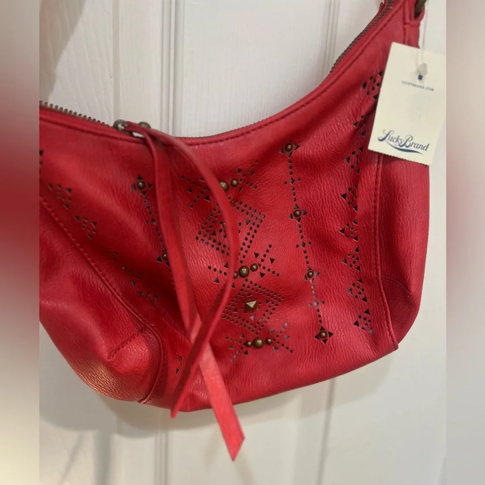 NEW LUCKY BRAND Newport‎ Red Studded Vegan Leather Small Cross-body hobo bag